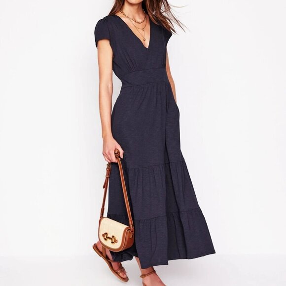 Boden Dresses & Skirts - BODEN ELARA Tiered Jersey Women's Midi Dress Navy Blue V-neck Size 16-18R Casual